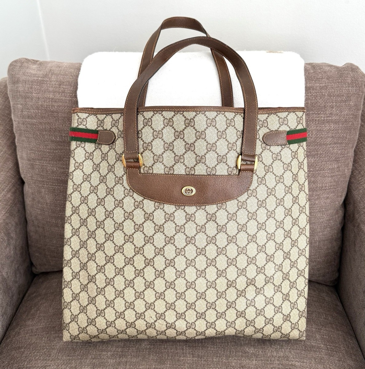 Gucci Authentic Sherry Line Tote Bag Brown Monogram Coated Canvas