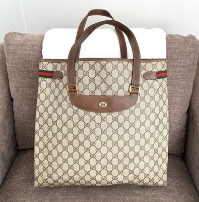 Gucci Authentic Sherry Line Tote Bag Brown Monogram Coated Canvas Large Size