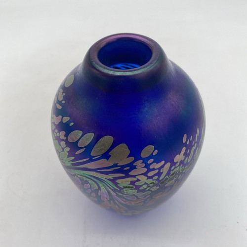 Maytum Studios Hand Blown Vase Blue Art Glass Iridescent Oil Spill ~5.5” - Picture 13 of 23
