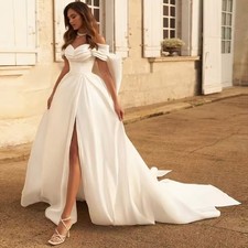 A Princess Satin Wedding Gowns for Women Bowknot High Slit Pleat Off Shoulder