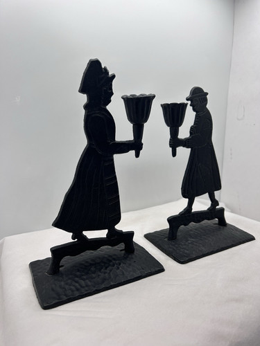 Vintage Black Cast Iron Pilgrim He and She Candlestick Holders - Picture 3 of 8