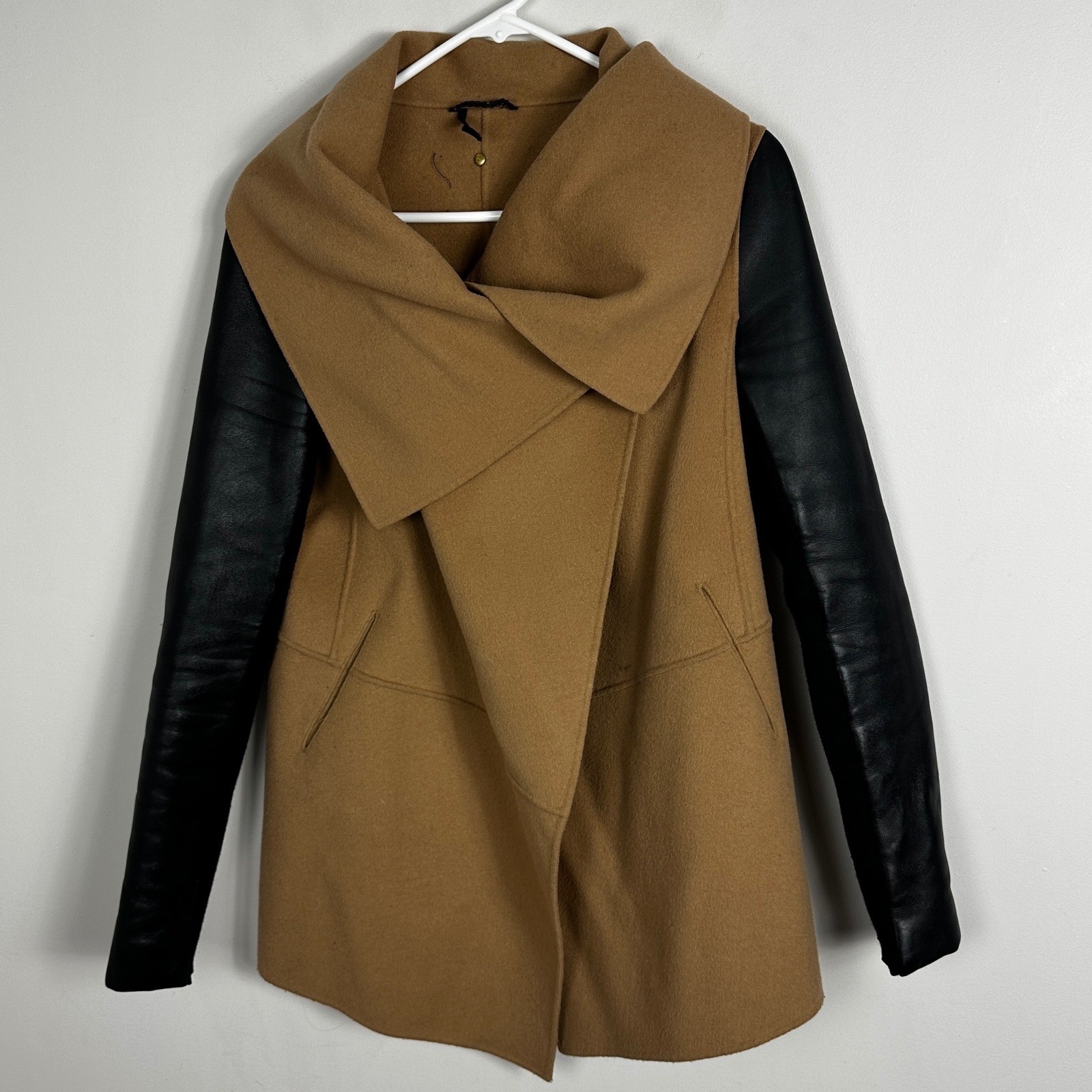 Mackage Vane Draped Wrap Leather Asymmetric Wool Coat Camel Black Womens Medium image 2