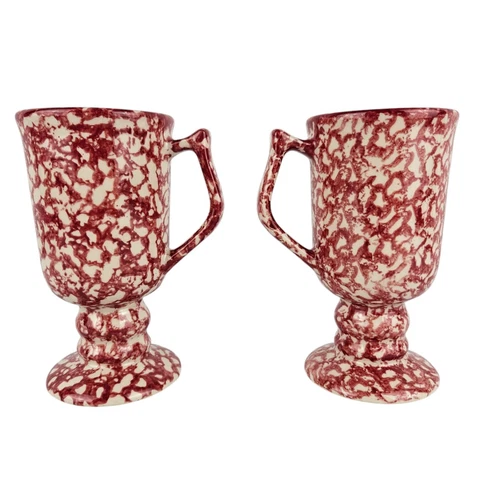 2 Workshops of Gerald Henn Red Spongeware Footed Pedestal Irish Coffee Mug Cup