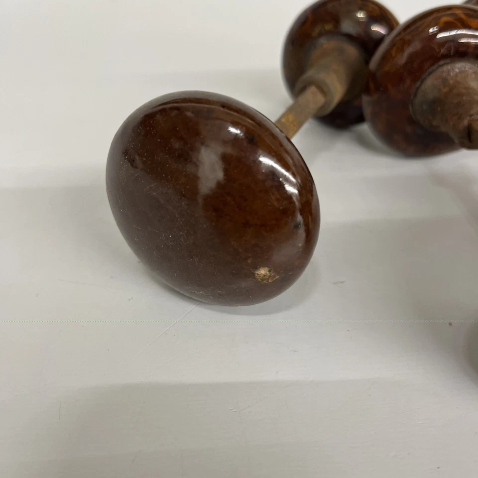 Antique Brown Ceramic Door Knobs Lot of 3 Bennington Style 2.25 Inch - Image 3 of 4
