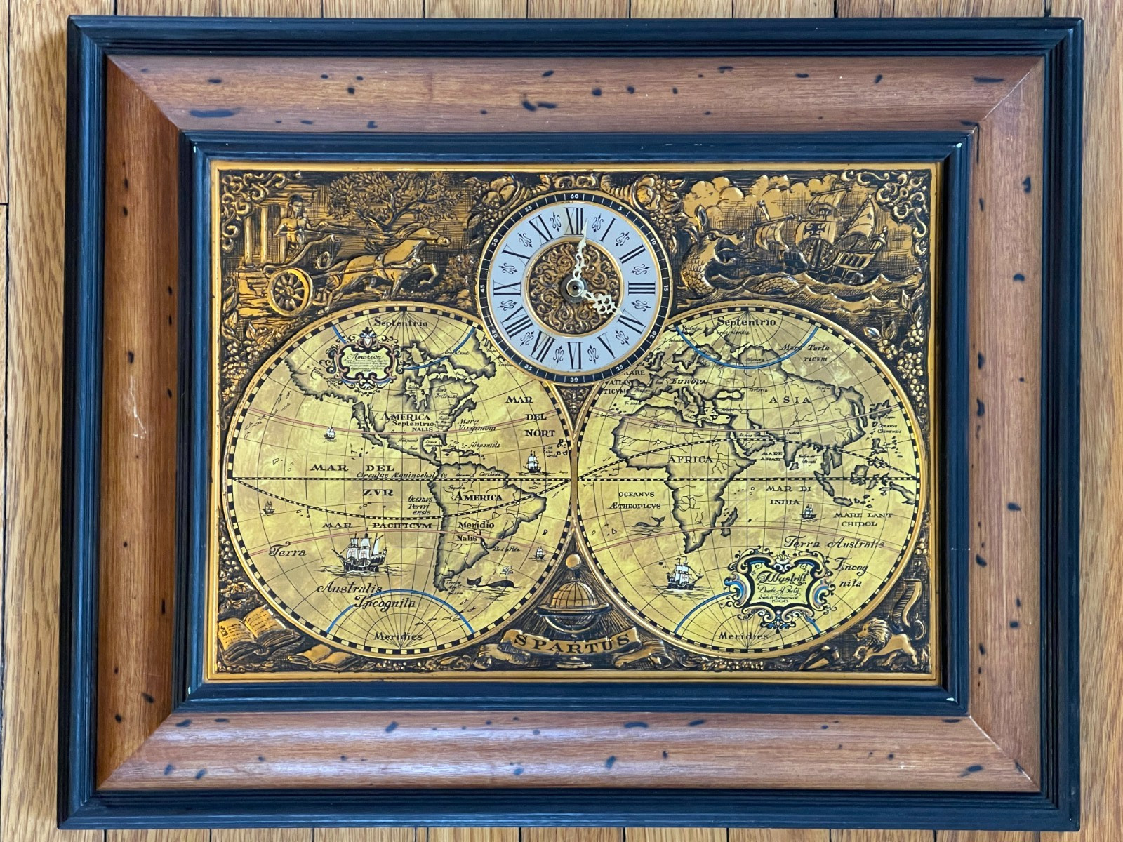 Vintage Spartus World Map Wall Clock Renaissance Old World Cartography 1970s