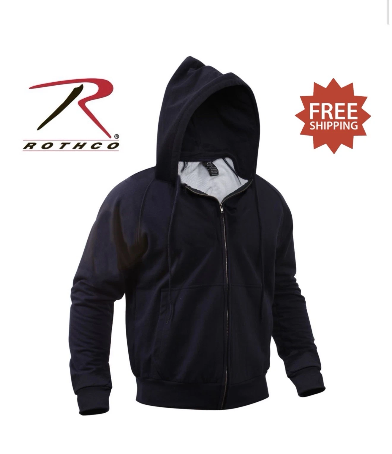 ROTHCO 6260 BLACK TERMAL-LINED ZIPPERED HOODIE / HOODED SWEATSHIRT JACKET Sz L