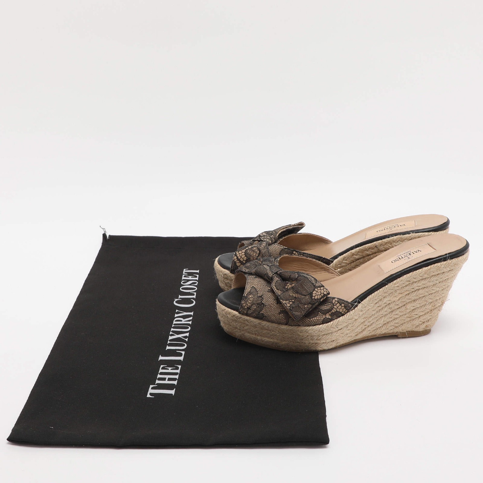 Valentino Bow Size 36.5 Black Lace Espadrille Wedge Sandals thumbnail 9