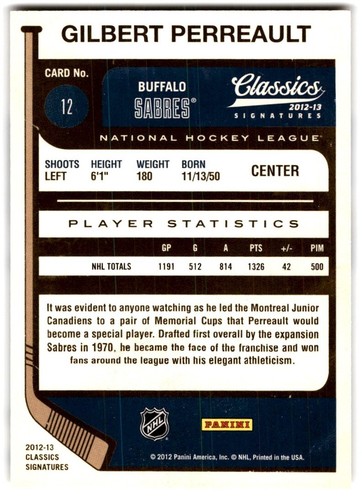 2012-13 Panini Classics Signatures Gilbert Perreault #12 Buffalo Sabres - Picture 2 of 2