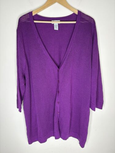 Catherines Cardigan Sweater Size 3X Purple Open Knit 3/4 Sleeves Button Up 26/28
