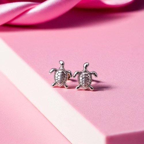 Turtle Stud Earrings, Tiny Silver Studs 8mm Meaningful Jewellery Gift For Girl - Picture 4 of 6