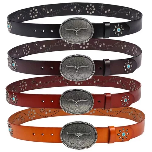 Real Leather Waist Belt Heavy Metal Stone Rivet Studded Unisex Punk Waistband - Picture 8 of 28