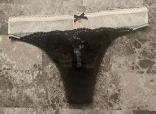 NWT BODY BY VICTORIA'S SECRET OFF WHITE MESH BLACK FLORAL LACE BOW THONG PANTIES