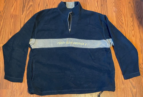 VINTAGE PERRY ELLIS AMERICA Active Pullover Dk Blue Fleece Sweatshirt Mens Large