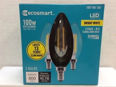 EcoSmart 100-Watt B13 E12 Candelabra LED Edison Light Bulb Bright White 3 Bulbs