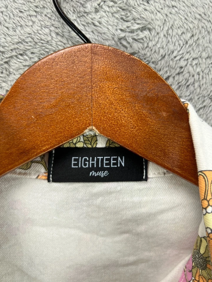 Eighteen MUSE Womens Denim Floral Mini Dress Groovy Mod Boho Belted Size Small - Image 4 of 4