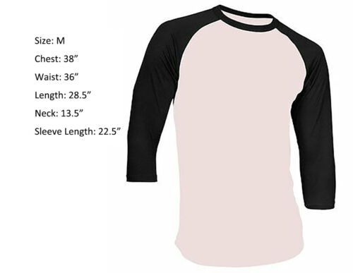 3/4 Sleeve Raglan Baseball Mens Plain Tee Jersey Sports T-Shirt White Black M