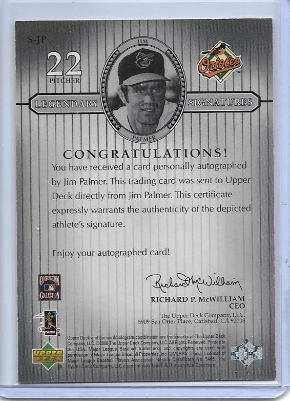 2000 UPPER DECK LEGENDS JIM PALMER SIGNED AUTO #S-JP BALTIMORE ORIOLES - Image 2 of 2