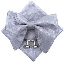  Mens Pre-Tied Paisley Bowtie Oversized Tuxedo Bow Tie Hankie Cufflinks Silver