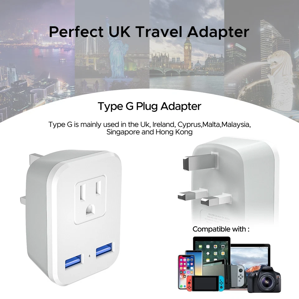 (Paquete de 2) Convertidor adaptador de corriente enchufe de viaje tipo G Reino Unido con 2 puertos de cargador USB Foto 3 de 4
