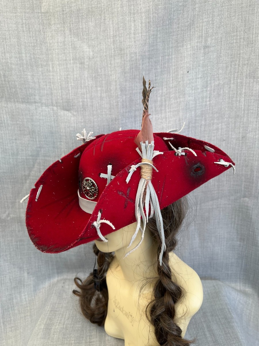 Unisex Red Tricorn Pirate Hat Renaissance Feathers Steampunk Unisex Red Tricorn Pirate Hat Renaissance Feathers Steampunk