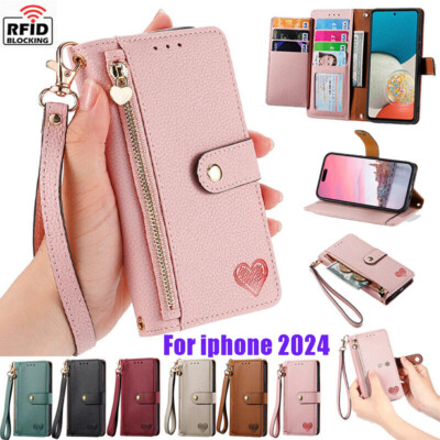 For iPhone 17 16 16e 15 14 13 12 Pro Max 8 Plus Leather Zipper Case Wallet Cover