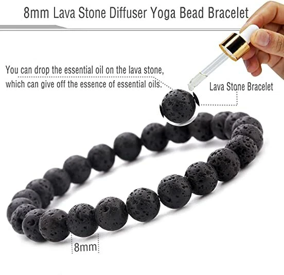 Fashion Men 8MM Lava Stone Black Obsidian Agate Beaded Onyx Healing Bracelet Set - Image 4 of 4