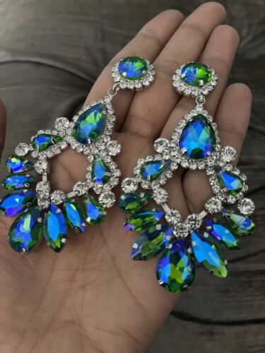 Big Large Green Blue Long Ab Dangle Rhinestone Crystal Pageant Earrings  3.6” - Picture 1 of 11