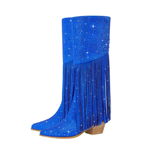 Womens Faux Leather Pull On Pointed Toe Mid Block Heels Tassels Knee High Boots - Picture 3 of 15
