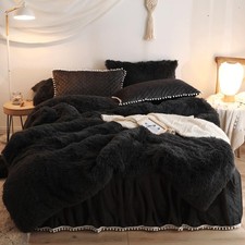 HAIHUA Luxury Plush Shaggy Duvet Cover Set,Queen Black Comforter Cover Sets 3