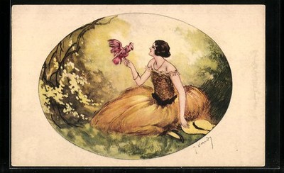 Artist postcard J. Hardy: Woman with a bird in her hand 