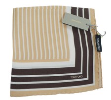 NWT TOM FORD Lt Brown Brown  White Striped Silk Pocket Square Italy 16"