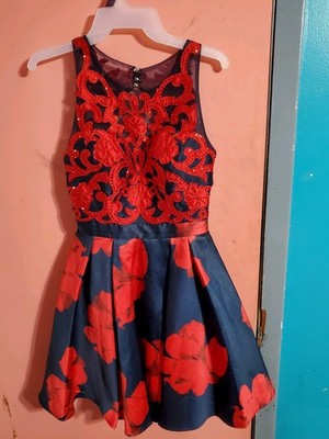 Glamour by Terani Couture Rhinestones Floral Party Dress Size 4 Navy Blue Red