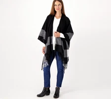 Belle by Kim Gravel Missy Border Stripe Ruana w/Fringe Black One Size New