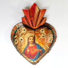 Sacred Heart Jesus Milagros Wood Hand Painted Wall Hanging Folk Art Mexico 10"H