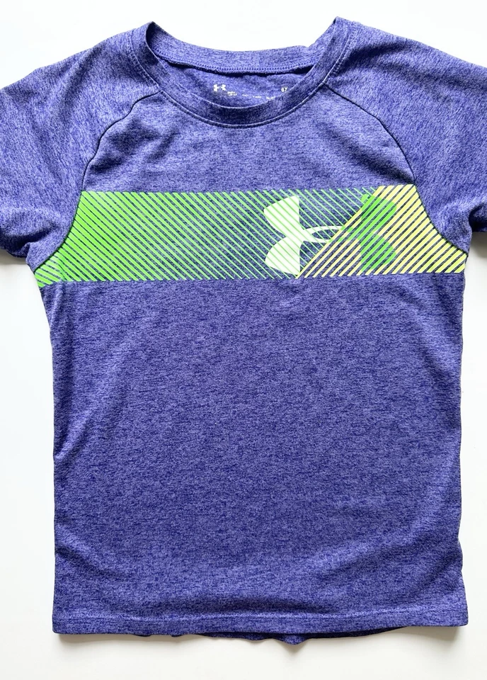 Under Armour 6X Active Shirt Girl's Purple Green Short Sleeve Logo - Image 4 of 4