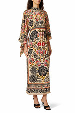 FARM Rio Women’s Multicolor Floral Mock Neck Long Sleeve Maxi Dress Fringe XS