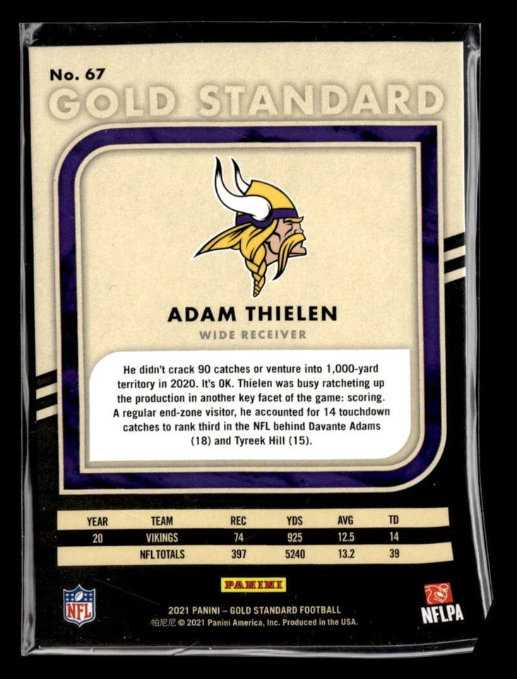 2021 Panini Gold Standard Adam Thielen Platinum /75 #67 Minnesota Vikings UX100 - Image 2 of 2
