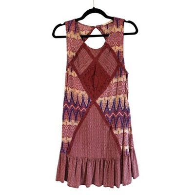 Fringe Boho Crochet Lace Dress L Red Patterned Sleeveless Mini