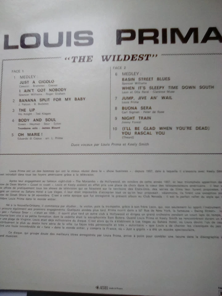 LOUIS PRIMA THE WILDEST Vinyl LP French pressing. 1981 - Image 3 of 4