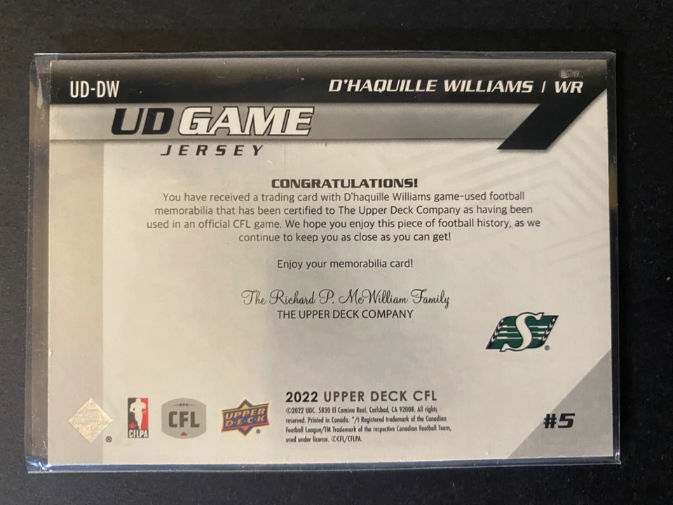 D'Haquille Williams - 2022 Upper Deck CFL Game Worn Jersey Card #UD-DW — 第 2/2 张图片