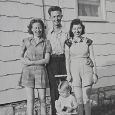 Vintage B&W Photo Snapshot of Young Friends Smiling & Laughing at Young Toddler