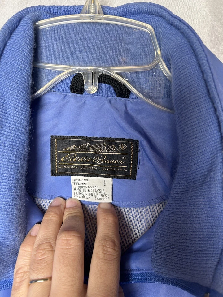 Chaqueta de lluvia vintage para mujer Eddie Bauer cortavientos polizón capucha azul talla grande Foto 4 de 4