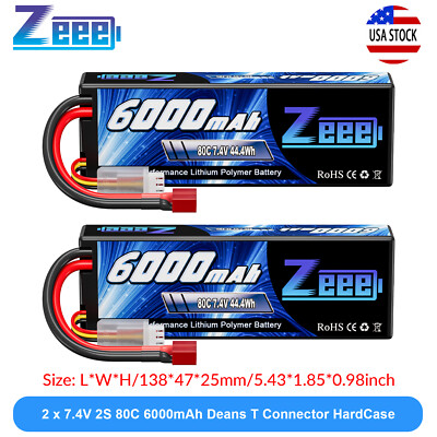 2x Zeee 2S Lipo Battery 6000mAh 80C 7.4V Deans T Hardcase for RC Car Truck Boat