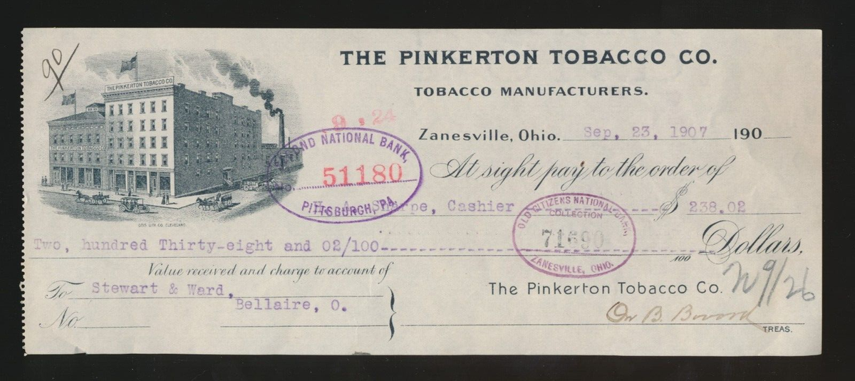1907 Pinkerton Tobacco (RED MAN Tobacco) -Advertising Cancelled Check