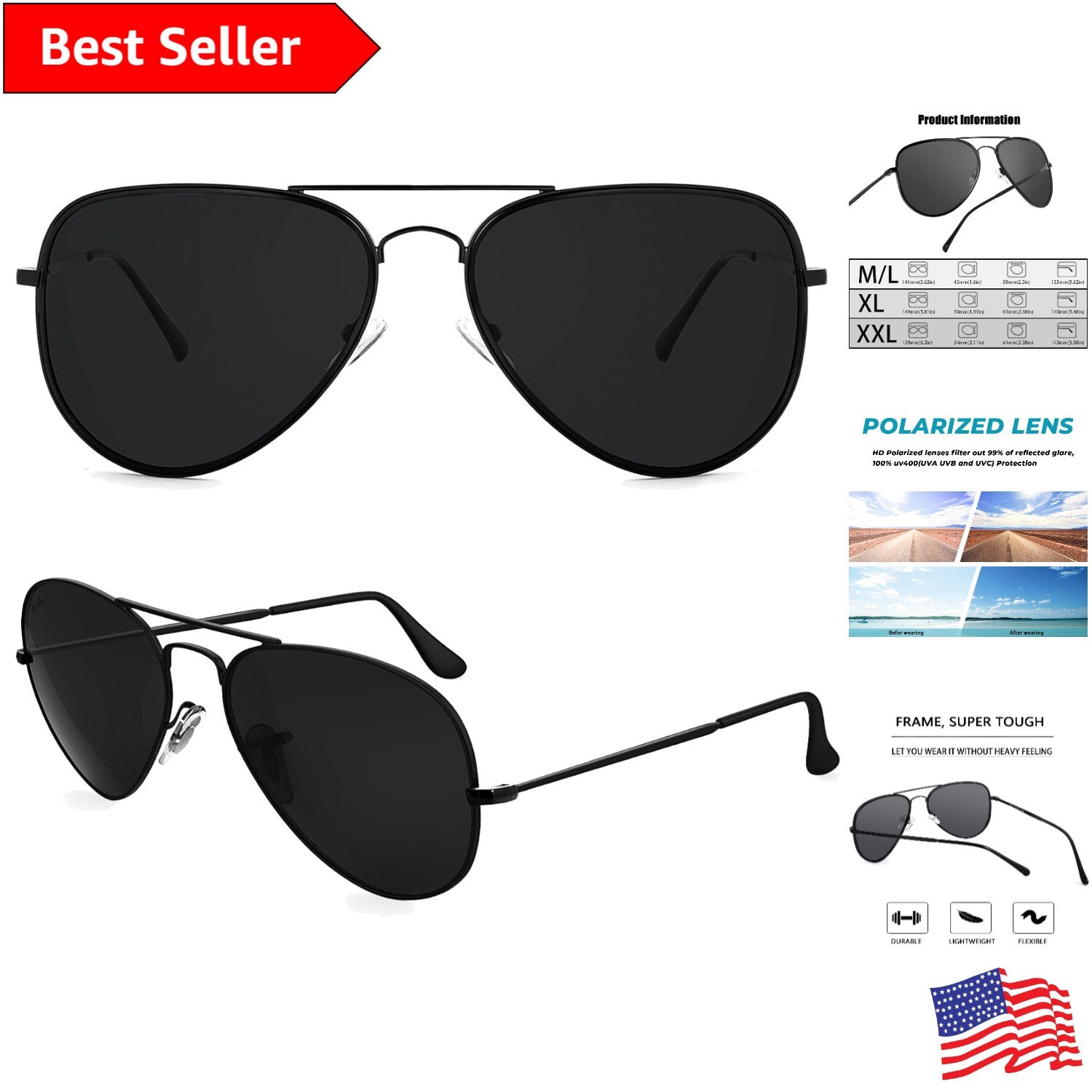 Stylish Aviator Sunglasses for Big Heads - Polarized Lenses, Imported Design-image