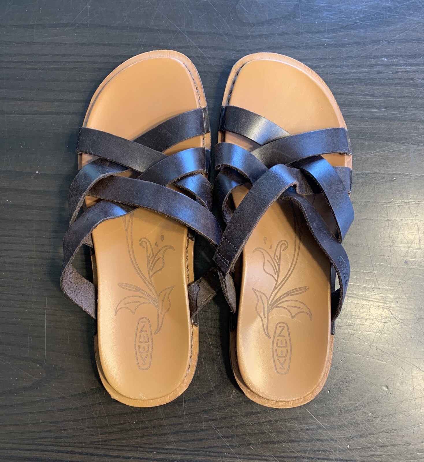 Keen Sofia sandalo donna cinturino 7 5 slide pelle marrone punta aperta piatto casual