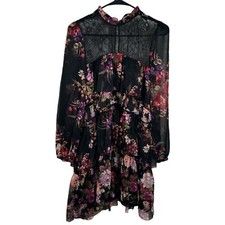 zara woman Black Floral Print Ruffled Lace Dress S