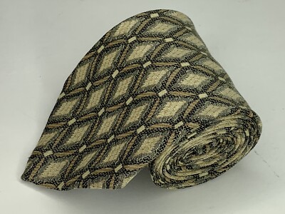 Hugo Boss Mens Classic Beige Cream Geometric 100% Silk Necktie Made in Italy