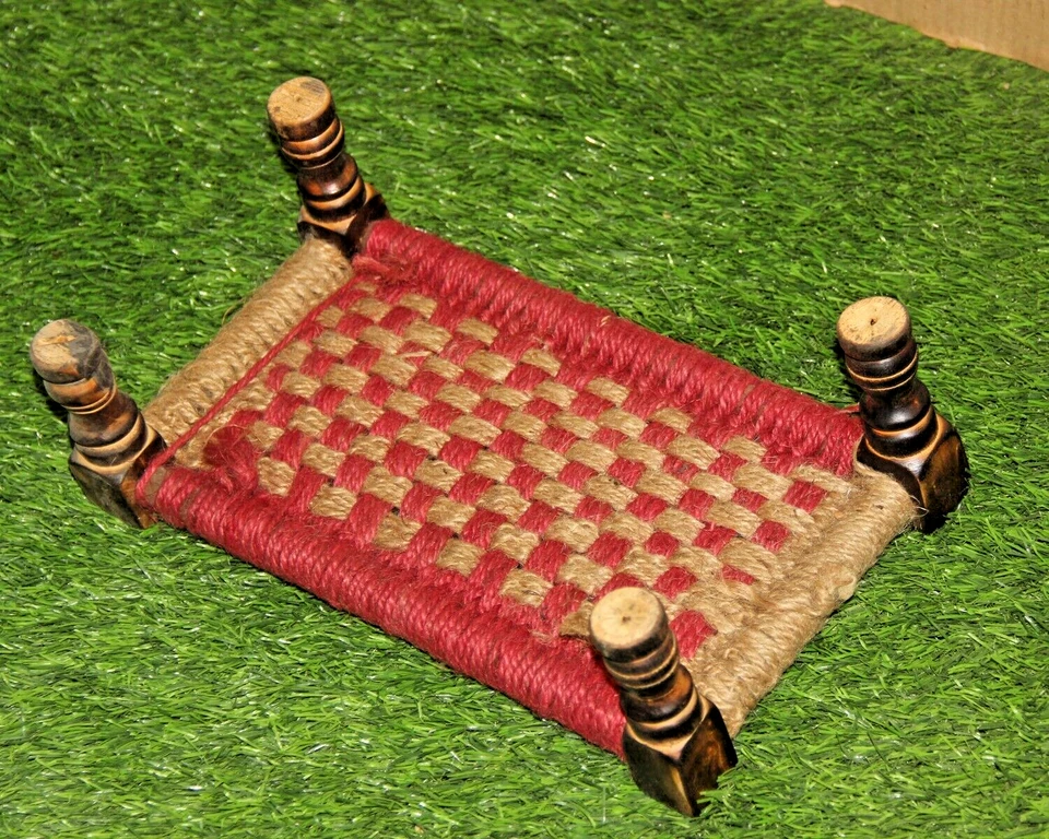 Vintage Colorful Wooden & Jute Rope Charpai Khat Sitting Stool Handmade Original - Image 2 of 4