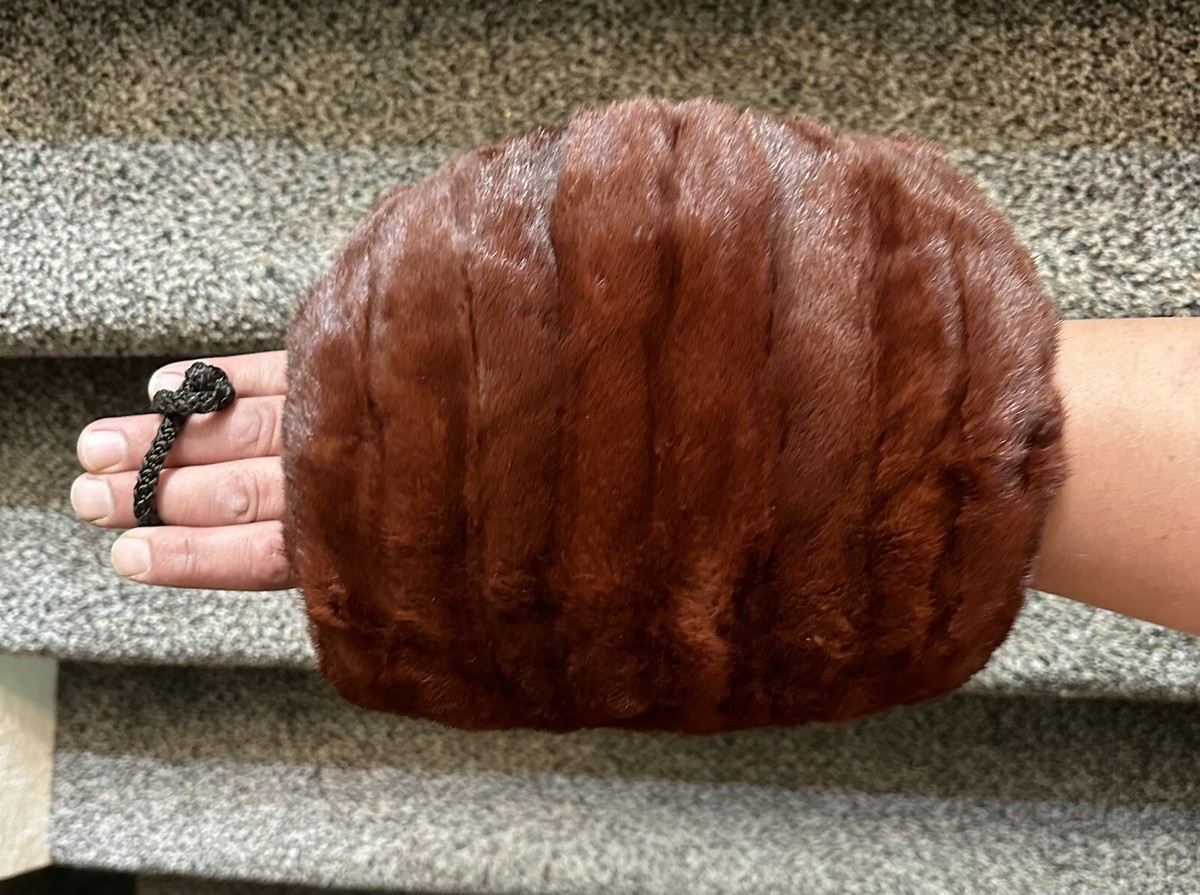 Vintage MINK Fur Muff Hand Warmer Brown Satin Lining Hidden Pocket